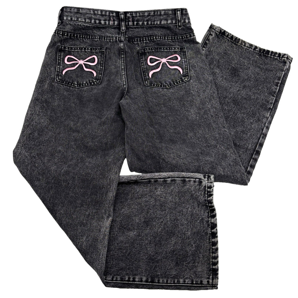 Disclosure Charcoal Wash Low Rise Pink Bow Pocket Wide Leg Jeans 9/29 30x30